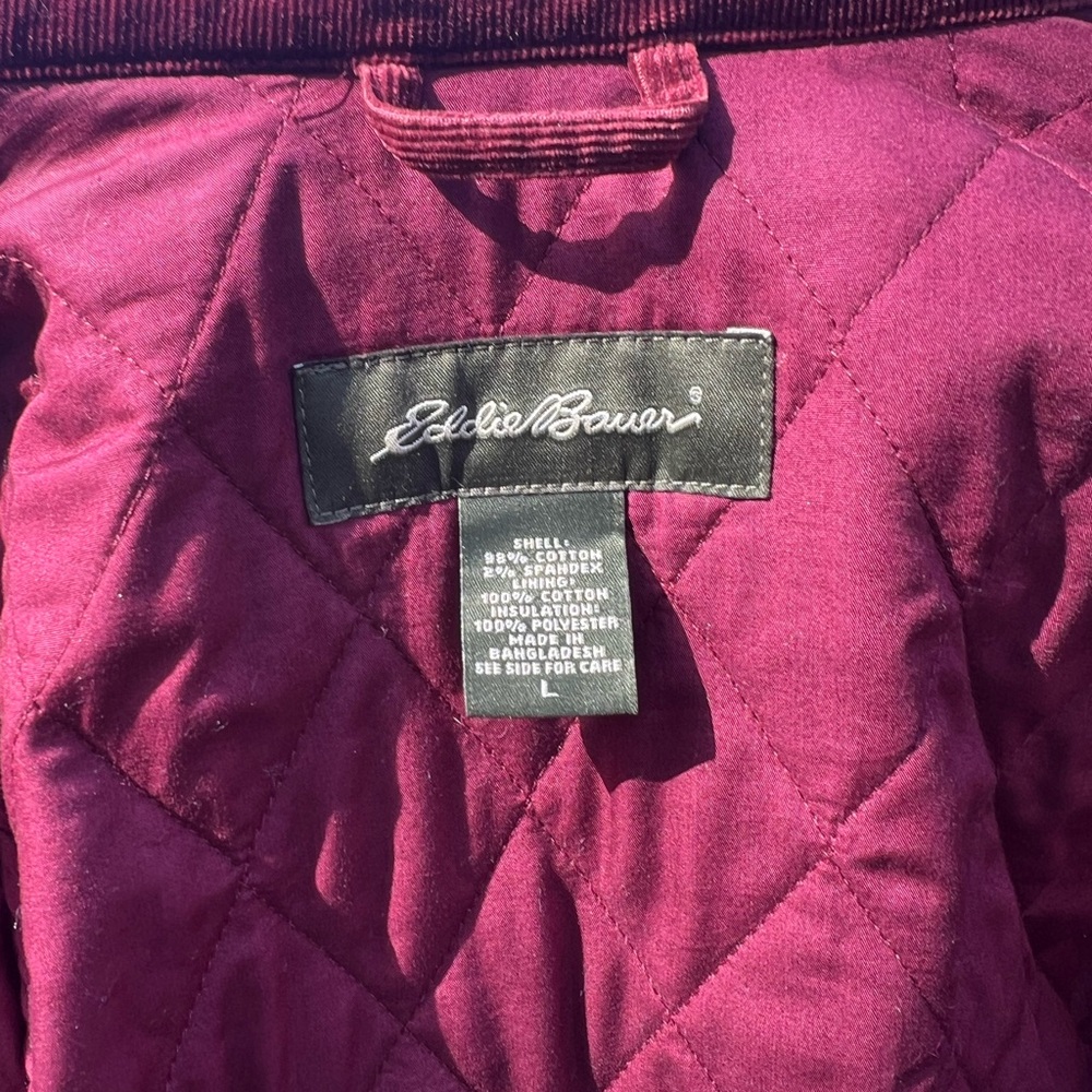 Eddie Bauer Wmns Quilted Jacket Burgundy Corduroy Trim Snap Front Outdoor Coat - Picture 3 of 6